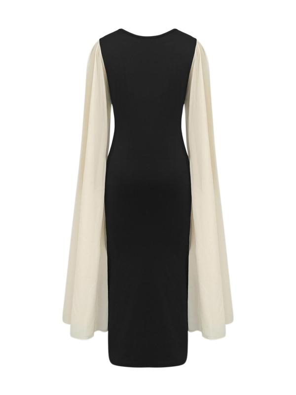 Women's Patchwork Cloak Sleeve Bodycon Dress, Elegant Sweetheart Neck Long Dress for Party Holiday Wedding Guest, Ladies Fall & Winter Clothes